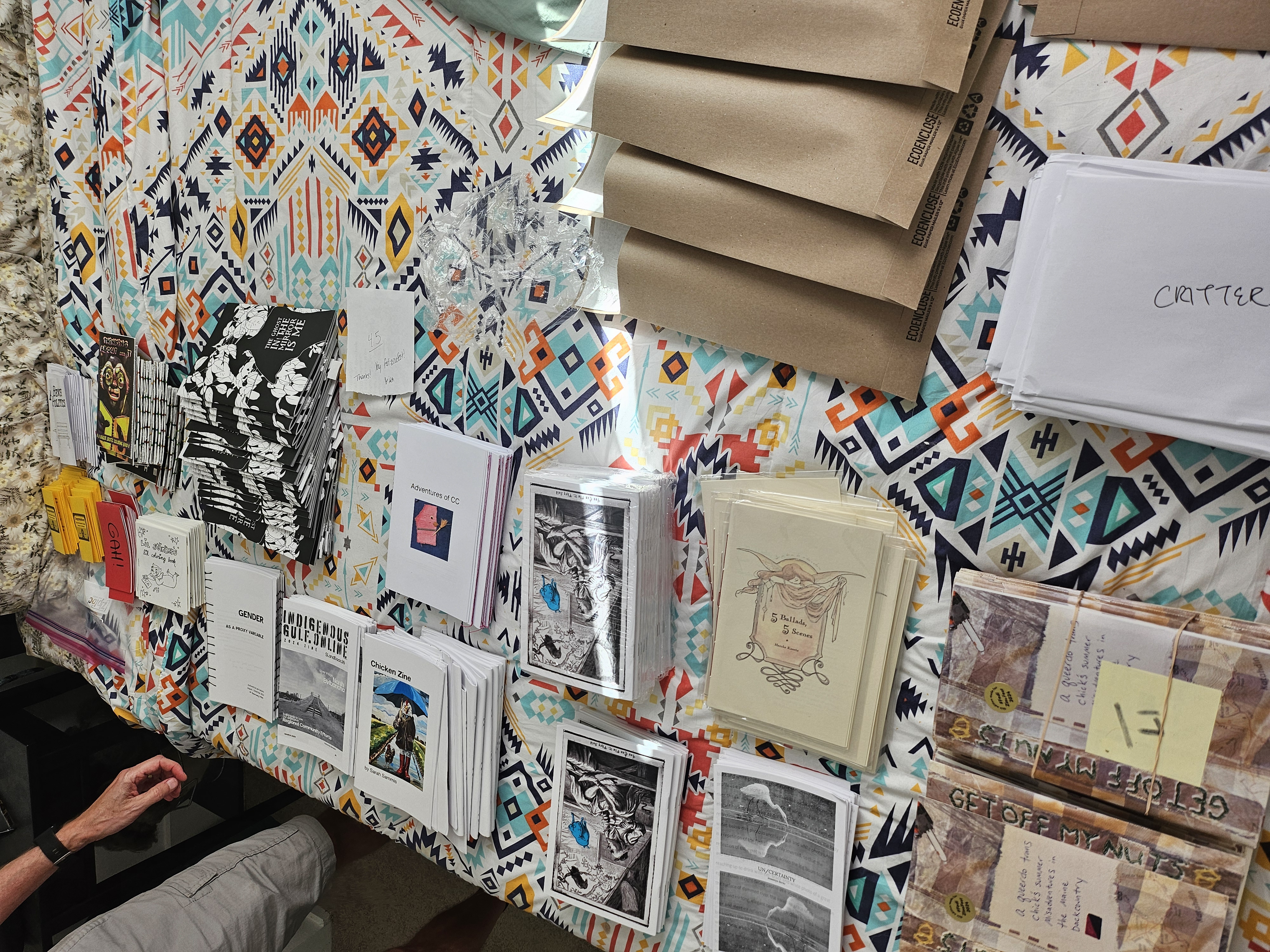 A number of zines of various sizes and designs and colors laid out on a very colorful bedspread.
